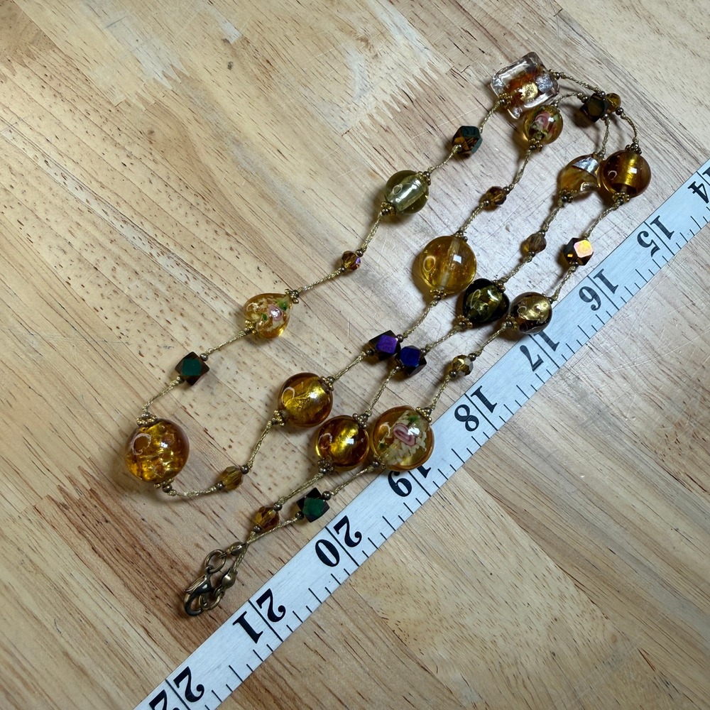 Vintage Bohemian Venetian Lampwork Art Glass Floral Foil Bead Necklace Amber - Picture 7 of 9